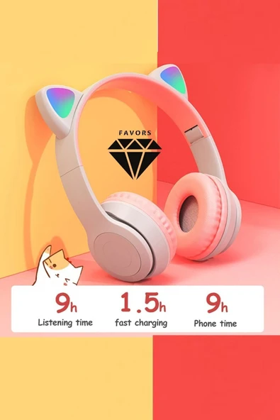 Kedi Kulağı Bluetooth Kablosuz Kulaklık Rengarenk Işıklı Rgb Gri Çocuk Oyun Kulaklığı Radyolu - 2
