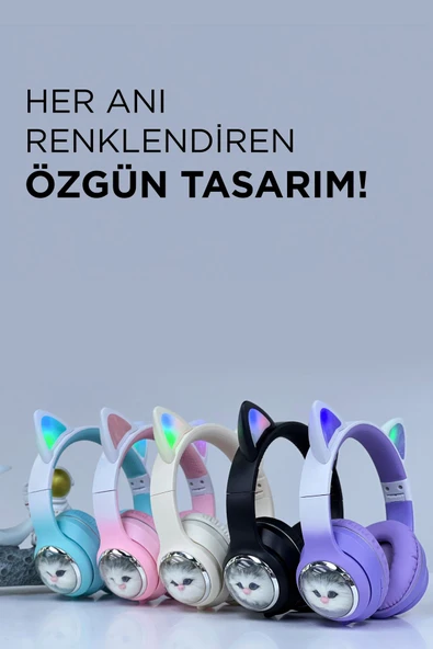 HD11 Pembe Sevimli Kedi Karükatür Kulak Led Işıklı 5.3 Bluetooth Kulak Üstü Kulaklık - Resim 5
