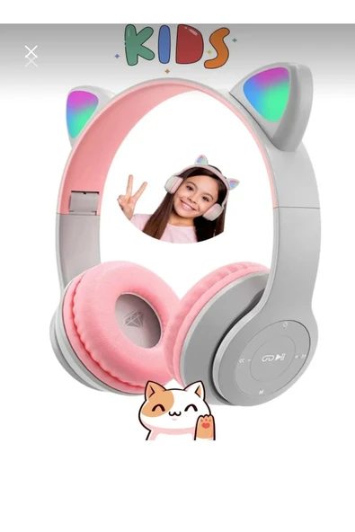 Gri Renk A Kalite Vilya Kedi Kulağı Detaylı Uyumlu Bluetooth Kablosuz Kulaklık Çocuk Oyuncu Beyaz ürün görseli 1