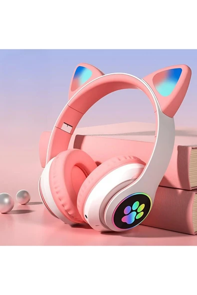 Bluetooth Kablosuz Renkli LED Işıklı Kedili Katlanabilir Sd Kartlı Çocuk Kafa ve Kulak Üstü Kulaklık ürün görseli 1