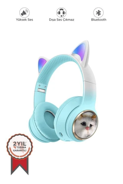 Hd11 Mavi Sevimli Kedi Karükatür Kulak Led Işıklı 5.3 Bluetooth Kulak Üstü Kulaklık ürün görseli 1