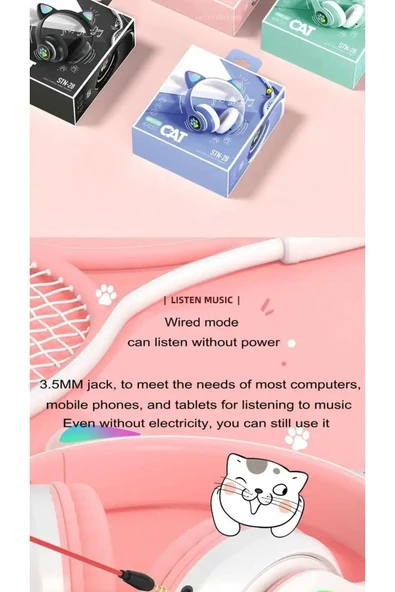 Çocuk Için Bluetooth Kulaklık Led Işıklı Hafıza Kart Girişli Kedi Kulaklık Pembe - 2