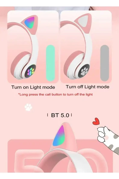 Çocuk Için Bluetooth Kulaklık Led Işıklı Hafıza Kart Girişli Kedi Kulaklık Pembe - 6