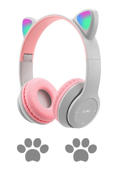 Kedi Kulağı Bluetooth Kablosuz Kulaklık Rengarenk Işıklı Rgb Gri Çocuk Oyun Kulaklığı Radyolu - 3