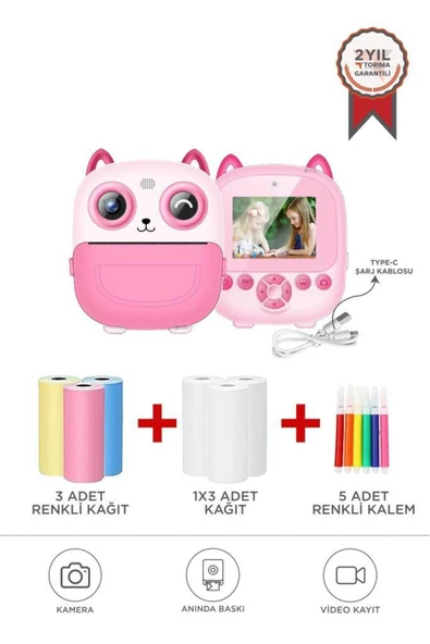 CMR-21 Pembe Dijital Video Kayıt Fotoğraf Çocuk Kamerası Termal Resim Kağıt Baskılı Yazıcı