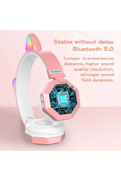 A+ Kalite Rgb Vilya Kedi Kulağı Detaylı Bluetooth Kablosuz Kulaklık Çocuk Oyuncu Fm Radyo Hafıza Kar - Resim 3