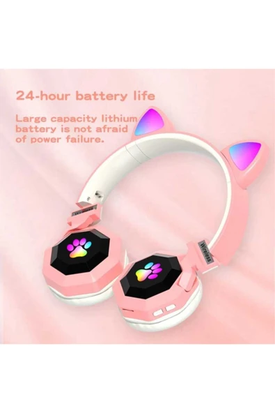 A+ Kalite Rgb Vilya Kedi Kulağı Detaylı Bluetooth Kablosuz Kulaklık Çocuk Oyuncu Fm Radyo Hafıza Kar - Resim 5
