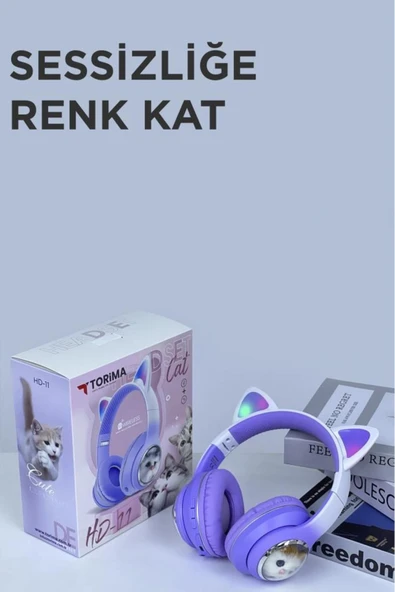Hd11 Mor Sevimli Kedi Karikatür Kulak Led Işıklı 5.3 Bluetooth Kulak Üstü Kulaklık - Resim 3