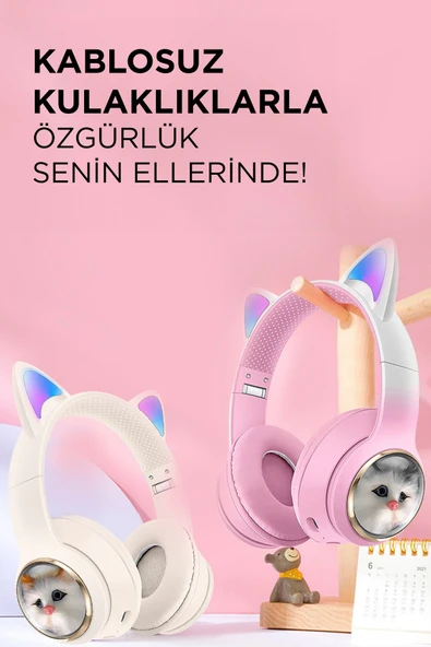 HD11 Pembe Sevimli Kedi Karükatür Kulak Led Işıklı 5.3 Bluetooth Kulak Üstü Kulaklık - Resim 6