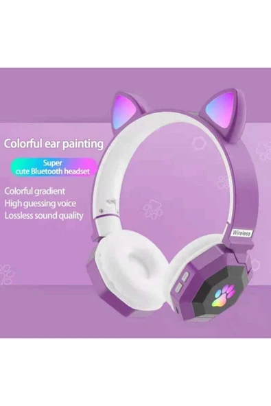 A+ Kalite Rgb Vilya Kedi Kulağı Detaylı Bluetooth Kablosuz Kulaklık Çocuk Oyuncu Fm Radyo Hafıza Kar - Resim 2
