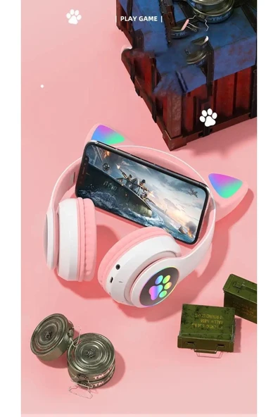 Çocuk Için Bluetooth Kulaklık Led Işıklı Hafıza Kart Girişli Kedi Kulaklık Pembe - 4