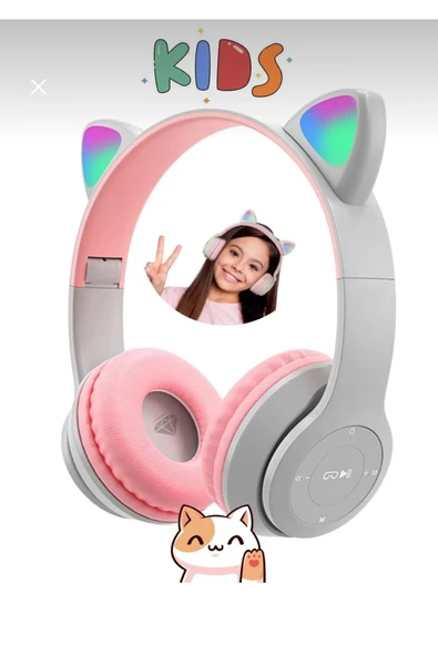 Gri Renk Vilya Kedi Kulağı Detaylı Uyumlu Bluetooth Kablosuz Kulaklık Çocuk Oyuncu Aux Kablo - Resim 3