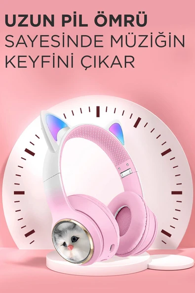 HD11 Pembe Sevimli Kedi Karükatür Kulak Led Işıklı 5.3 Bluetooth Kulak Üstü Kulaklık - Resim 2