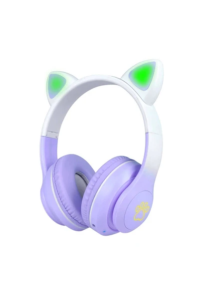 Bluetooth Uyumlu Kulaklık STN-28 Pro Kedi Kulak Tasarım RGB Led Işıklı Lofy-Mor