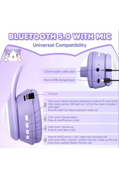 Kız Çocuk Pembe Renk Kedi Kulaklıklı Kulak Üstü Kulaklık Renkli Işıklı Kablosuz Kulaklık - Resim 3