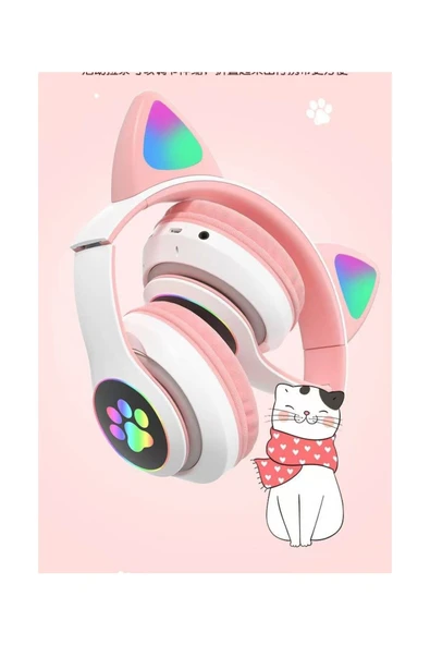 Bluetooth Kablosuz Renkli LED Işıklı Kedili Katlanabilir Sd Kartlı Çocuk Kafa ve Kulak Üstü Kulaklık - Resim 5