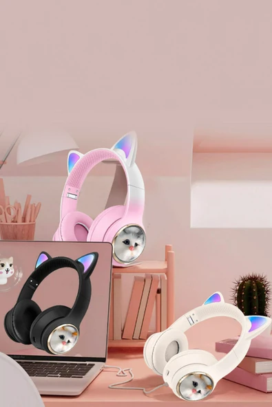 HD11 Beyaz Sevimli Kedi Karükatür Kulak Led Işıklı 5.3 Bluetooth Kulak Üstü Kulaklık - 4