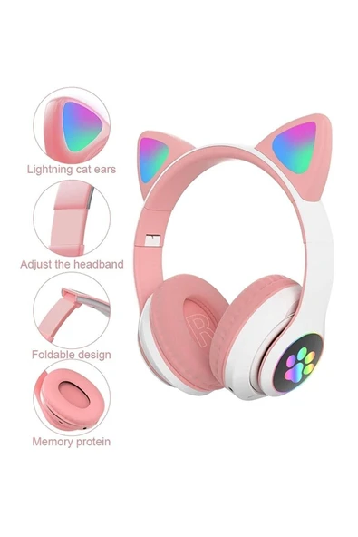 Kablosuz Işıklı Kedi Kulaklık Tatlı Kız Çocuk Pembe Kulaklık Cat Rgb Işıklı Oyuncu - 2