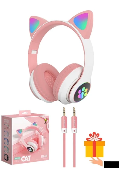 Vilya Kedi Kulağı Detaylı Bluetooth Kablosuz Kulaklık Çocuk Oyuncu Beyaz Pembe - 2