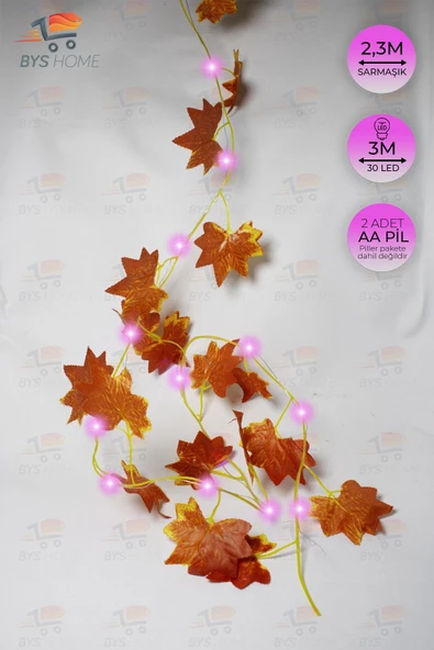 Dekoratif Sonbahar Yapraklı 230 Cm Yapay Sarmaşık Ve 300 Cm Peri Led Pembe Renk ürün görseli 1