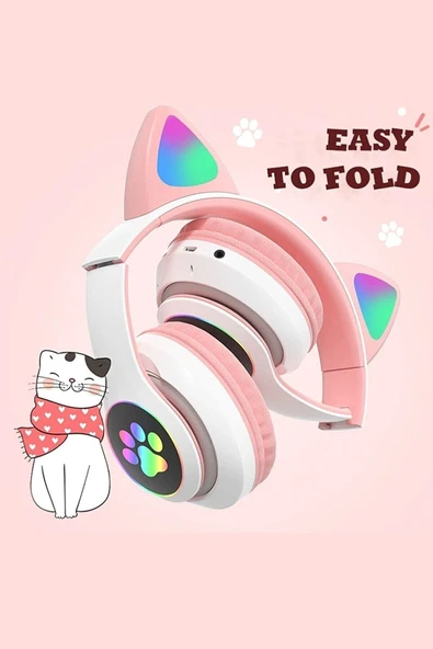 Kablosuz Işıklı Kedi Kulaklık Tatlı Kız Çocuk Pembe Kulaklık Cat Rgb Işıklı Oyuncu - 4