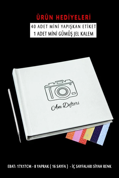 Anı Defteri - 17x17 Cm - Beyaz Anı Albüm Içi Siyah - Kalem Ve Stiker 4 Foto Hediye 5331435232
