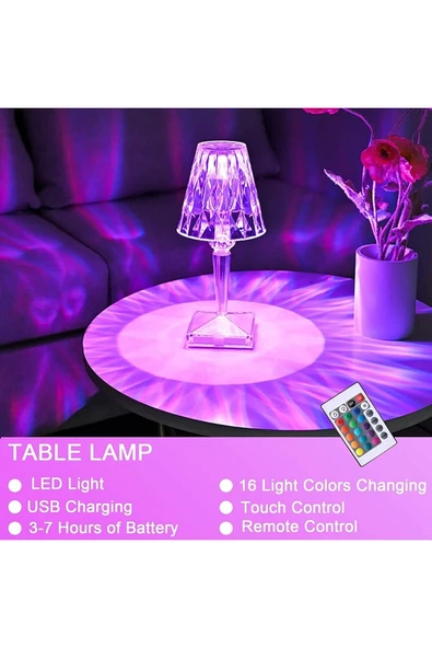 CRYSTAL TABLE LAMP ŞARJLI RGB LED IŞIKLI ABAJUR GECE LAMBASI UZAKTAN KUMANDALI DOKUNMATİK TUŞLU - 3