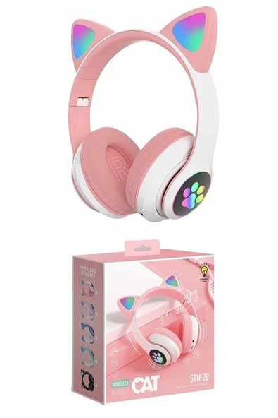 Kablosuz Işıklı Kedi Kulaklık Tatlı Kız Çocuk Pembe Kulaklık Cat Rgb Işıklı Oyuncu