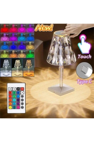 CRYSTAL TABLE LAMP ŞARJLI RGB LED IŞIKLI ABAJUR GECE LAMBASI UZAKTAN KUMANDALI DOKUNMATİK TUŞLU