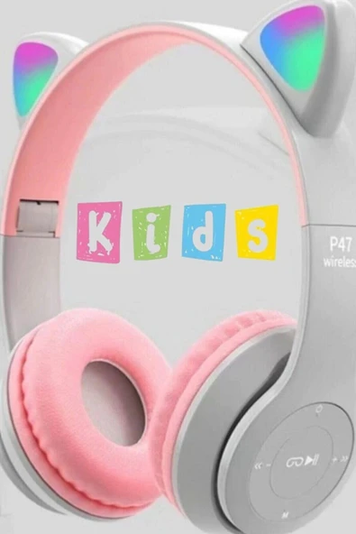Gri Renk Vilya Kedi Kulağı Detaylı Uyumlu Bluetooth Kablosuz Kulaklık Çocuk Oyuncu Aux Kablo ürün görseli 1