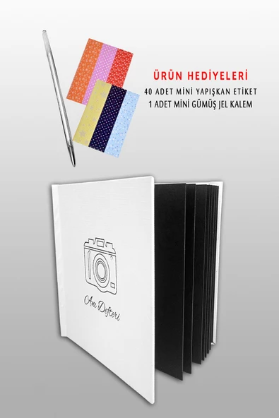 Anı Defteri - 17x17 Cm - Beyaz Anı Albüm Içi Siyah - Kalem Ve Stiker 4 Foto Hediye 5331435232 - 3