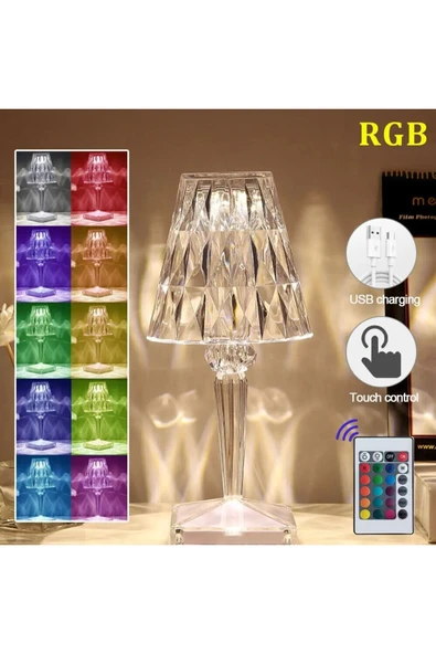 CRYSTAL TABLE LAMP ŞARJLI RGB LED IŞIKLI ABAJUR GECE LAMBASI UZAKTAN KUMANDALI DOKUNMATİK TUŞLU - 2