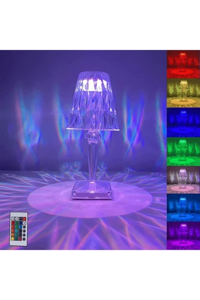 CRYSTAL TABLE LAMP ŞARJLI RGB LED IŞIKLI ABAJUR GECE LAMBASI UZAKTAN KUMANDALI DOKUNMATİK TUŞLU - 5