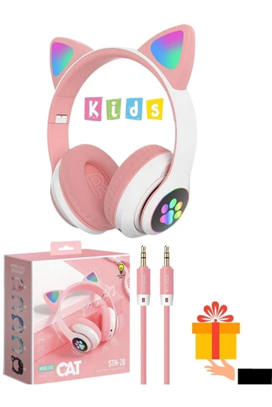 Vilya Kedi Kulağı Detaylı Bluetooth Kablosuz Kulaklık Çocuk Oyuncu Beyaz Pembe - 1