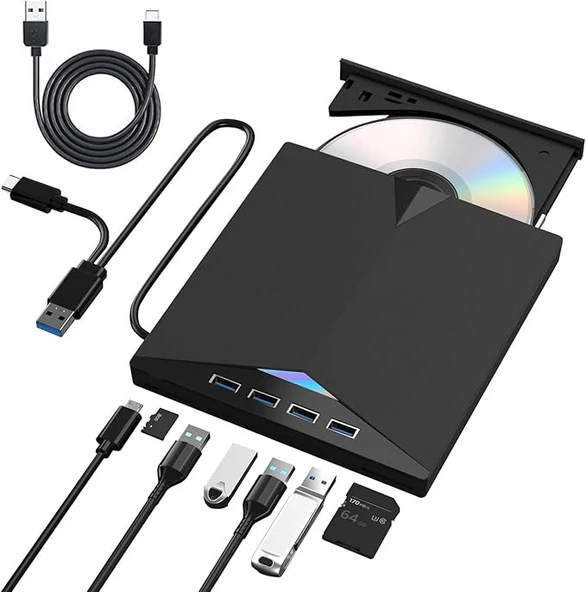 Monozone Harici CD DVD Rom Yazıcı Okuyucu Type-C USB 3.0 HUB Çoğaltıcı TF SD Kart Okuyucu PC Laptop - 3