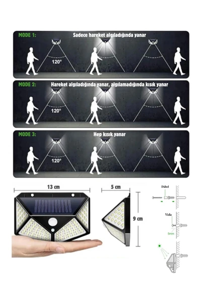 4'lü Paket 100 Led Güneş Enerjili Hareket Sensörlü 4 Taraflı Aplik Bahçe Bahçe Aydınlatma Lambası - 3