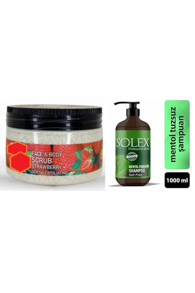 Ostwint   Face And Body Yüz ve Vücut İçin Peeling Etkili Scrub Çilek Gel 300ml+1000 ML Tuzsuz Menthol Şampuan