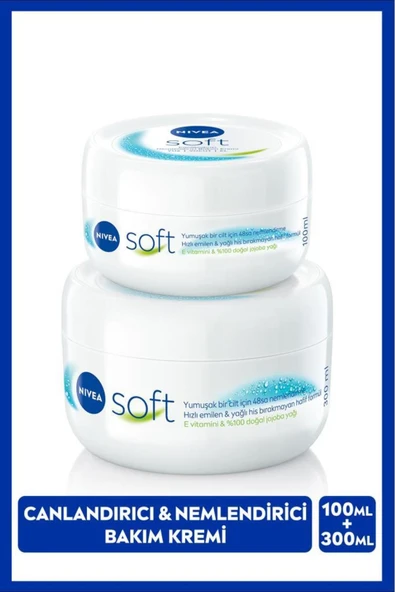 NIVEA Soft Nemlendirici El Yüz ve Vücut Bakım Kremi 100ml ve 300ml, Jojoba Yağı, E Vitamini, Pürüzsüz Cilt