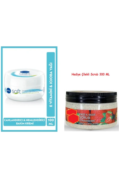 NIVEA 100 ML Soft Nemlendirici Krem +Yüz ve Vücut İçin Peeling Etkili Scrub Çilek Gel 300m Hediye