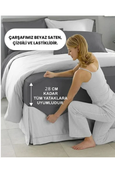 Fame Home Çizgili Pamuklu Saten Lastikli Çarşaf 130 x 200 Otel Nevresimi - 2