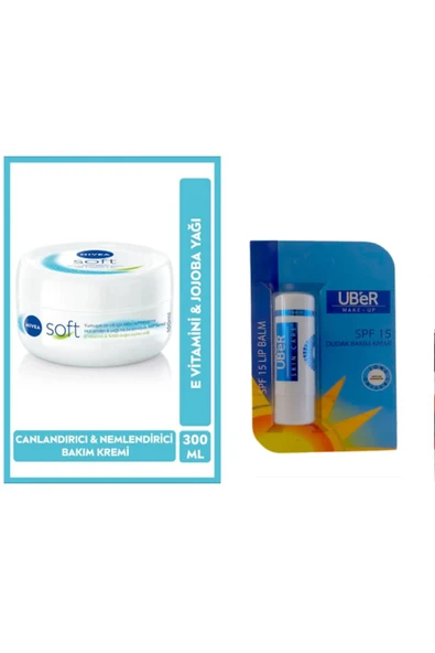 NIVEA Soft Nemlendirici Vücut Kremi 300ml ve Uber Dudak Bakım Kremi Güneş Koruma SPF 15 Dudak Nemlendirici