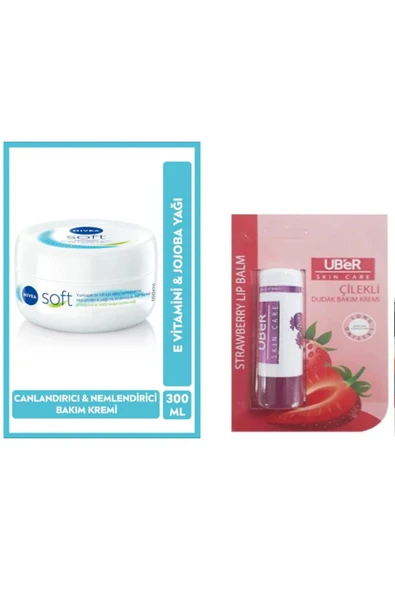 NIVEA Soft Nemlendirici Vücut Kremi 300ml ve Uber Dudak Bakım Kremi Çilekli Dudak Nemlendirici