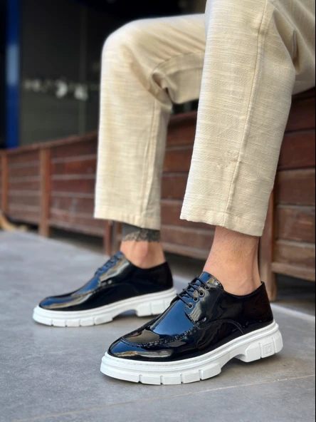 Pabucmarketi Pabucmarketi Bağcıklı Erkek Casual Ayakkabı SİYAH RUGAN (BEYAZ TABAN) - Resim 3