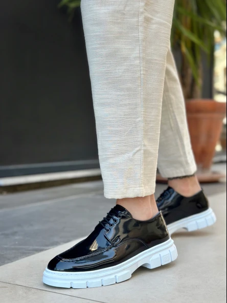 Pabucmarketi Pabucmarketi Bağcıklı Erkek Casual Ayakkabı SİYAH RUGAN (BEYAZ TABAN) - Resim 2