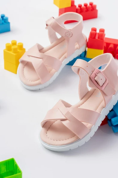 Pabucmarketi Pudra Kemerli Kız Bebek Düz Sandalet