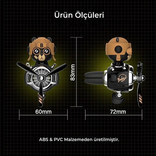 Pervaneli Klima Süsü Oto Koku Klipsi Sallanan Başlı Pilot Ayı Araba Hava Ferahlatıcı Siyah - Resim 5