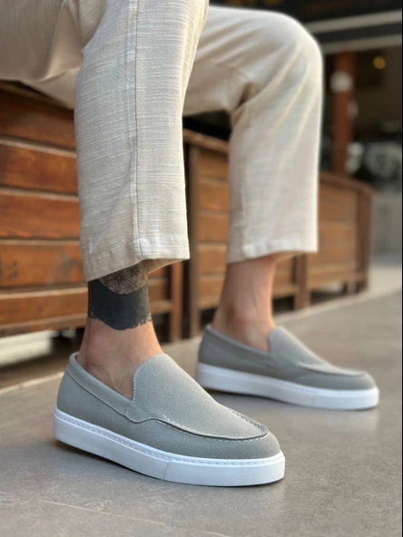 Pabucmarketi Bağcıksız Erkek Casual Ayakkabı GRİ SÜET (BEYAZ TABAN) ürün görseli