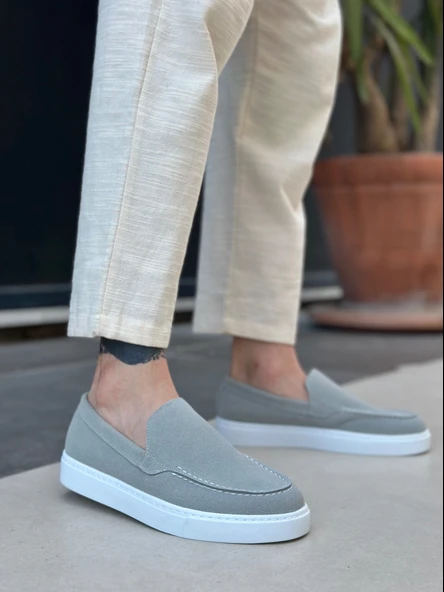 Pabucmarketi Bağcıksız Erkek Casual Ayakkabı GRİ SÜET (BEYAZ TABAN) - Resim 5