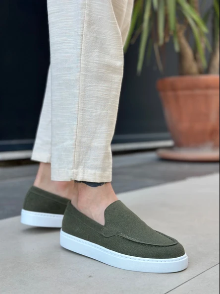 Pabucmarketi Bağcıksız Erkek Casual Ayakkabı HAKİ SÜET (BEYAZ TABAN) - Resim 4