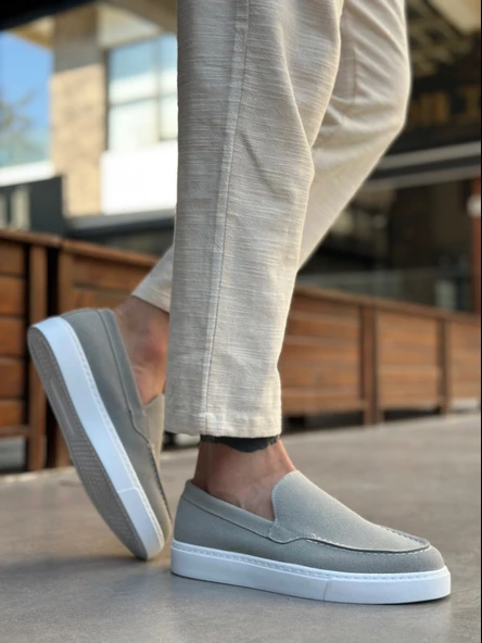 Pabucmarketi Bağcıksız Erkek Casual Ayakkabı GRİ SÜET (BEYAZ TABAN) - Resim 3